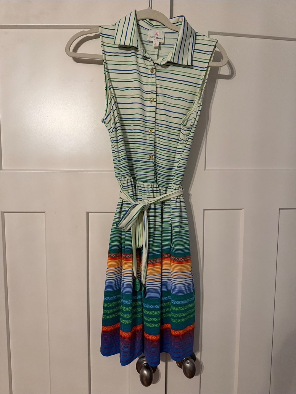 JB by Julie Brown Green Multicolor Striped Sleeveless Tie-Waist Midi Dress